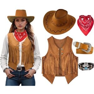 NWT Women’s Cowgirl Costume Western Vest Hat Belt Set Cowgirl Halloween Cosplay